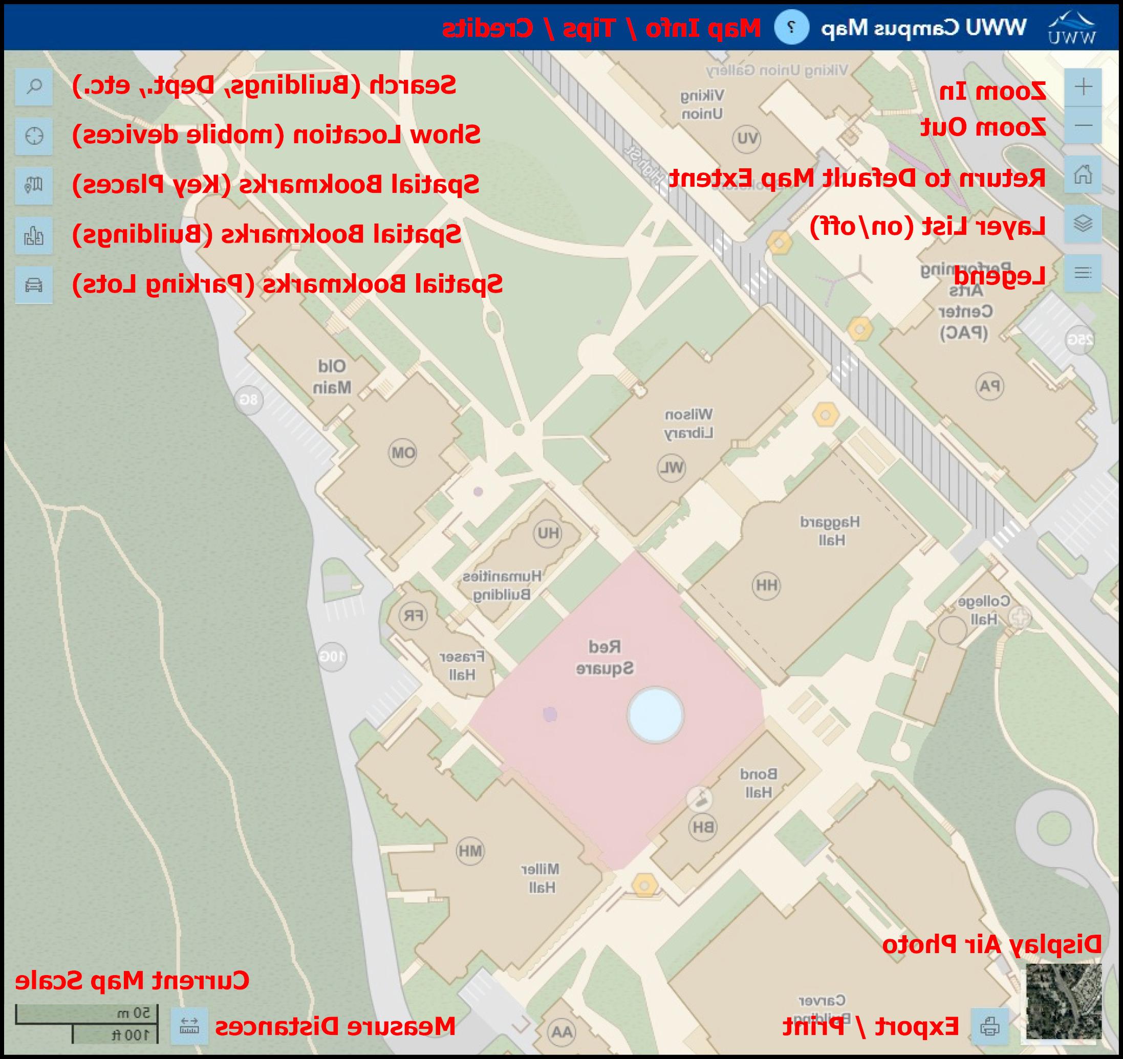 WWU校园地图用户界面的注释截图.