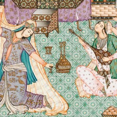 色彩鲜艳的古代波斯宫廷画，描绘的是音乐家和舞者.