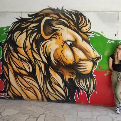 保加利亚普罗迪夫，一名学生站在狮头壁画旁.